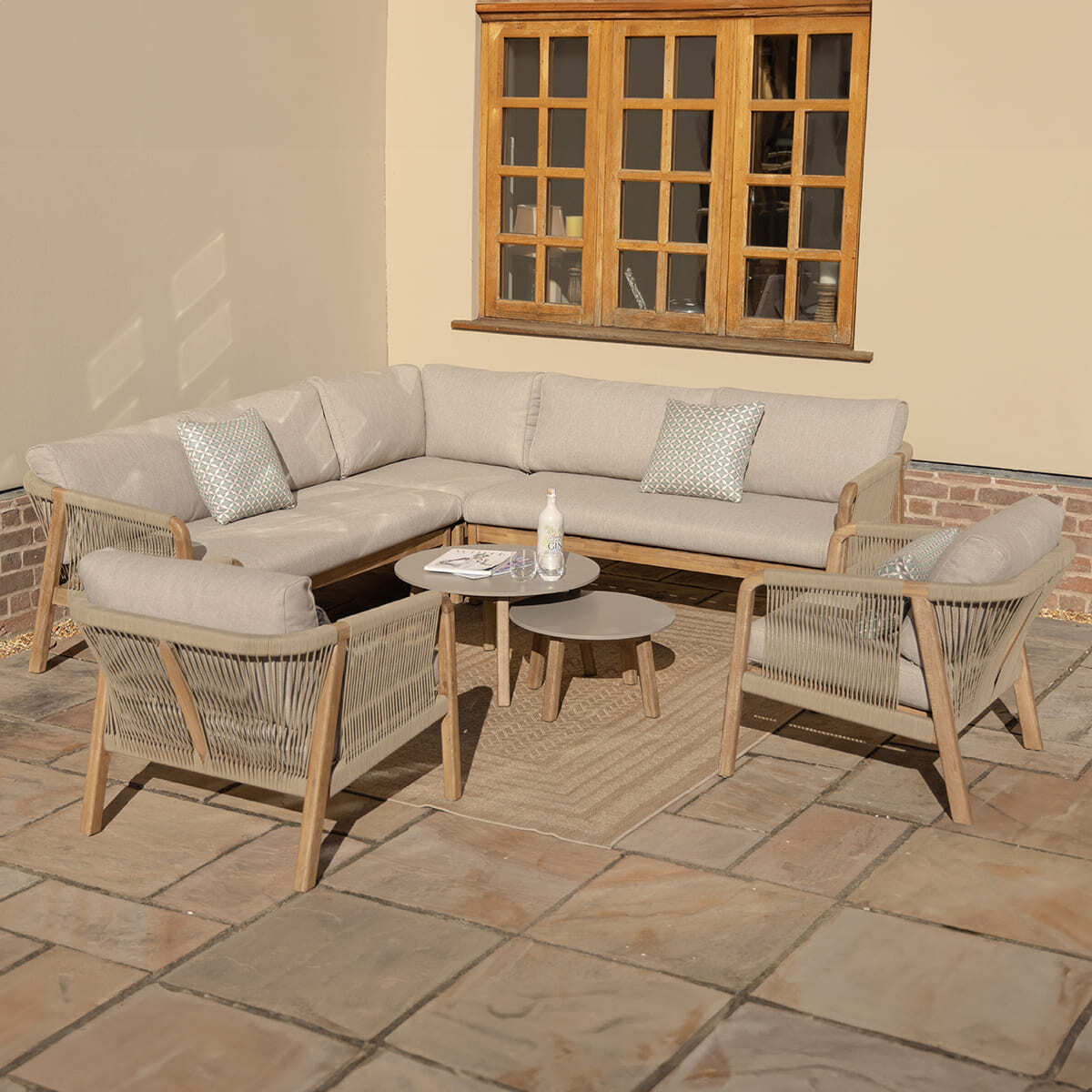 Martinique Rope Weave Corner Sofa Set with 2 Lounge Armchairs & 2 Round Coffee Tables